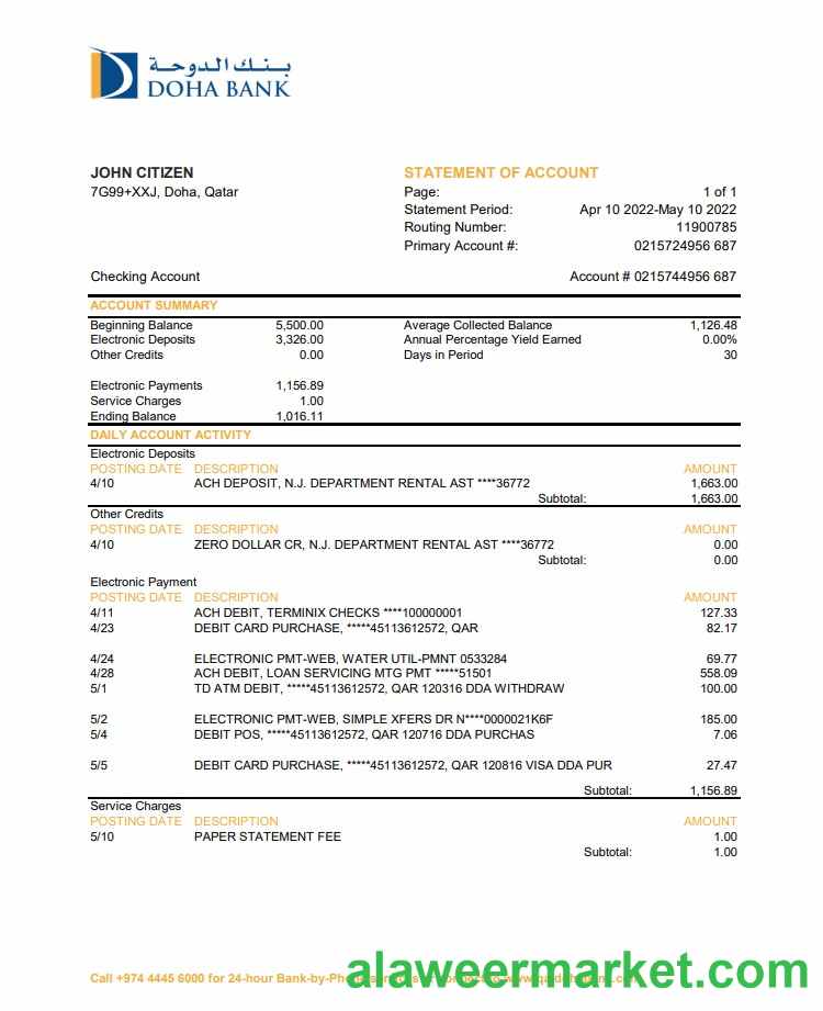 Qatar Doha Bank statement XLS